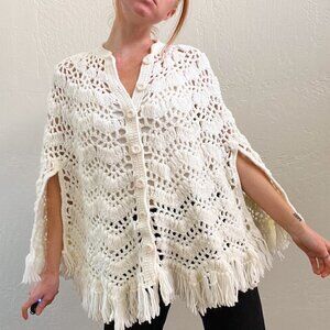 Vintage Hand Knit White Crochet Fringe Button Up Poncho Sweater